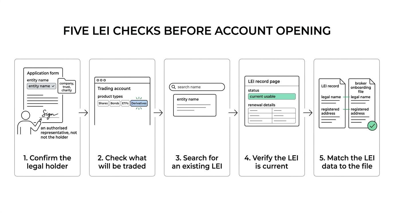 A step-by-step workflow showing five LEI checks before opening a UK entity trading account: legal holder, product scope, existing LEI, current status, and matching entity data.