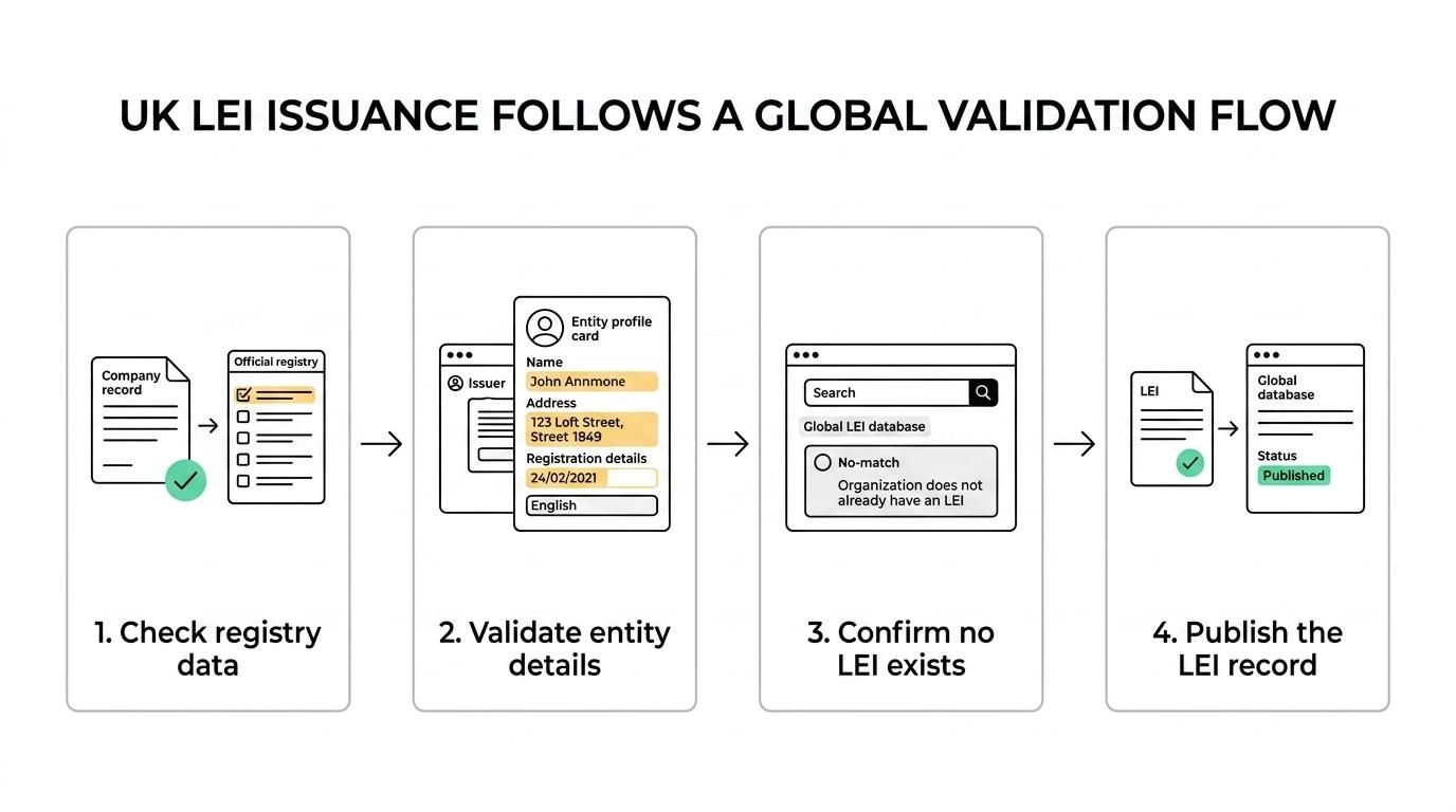 Flow showing a UK entity applying for an LEI, registry data being checked, details validated, duplicate LEI check, approval, publication in the global LEI system, and annual renewal.