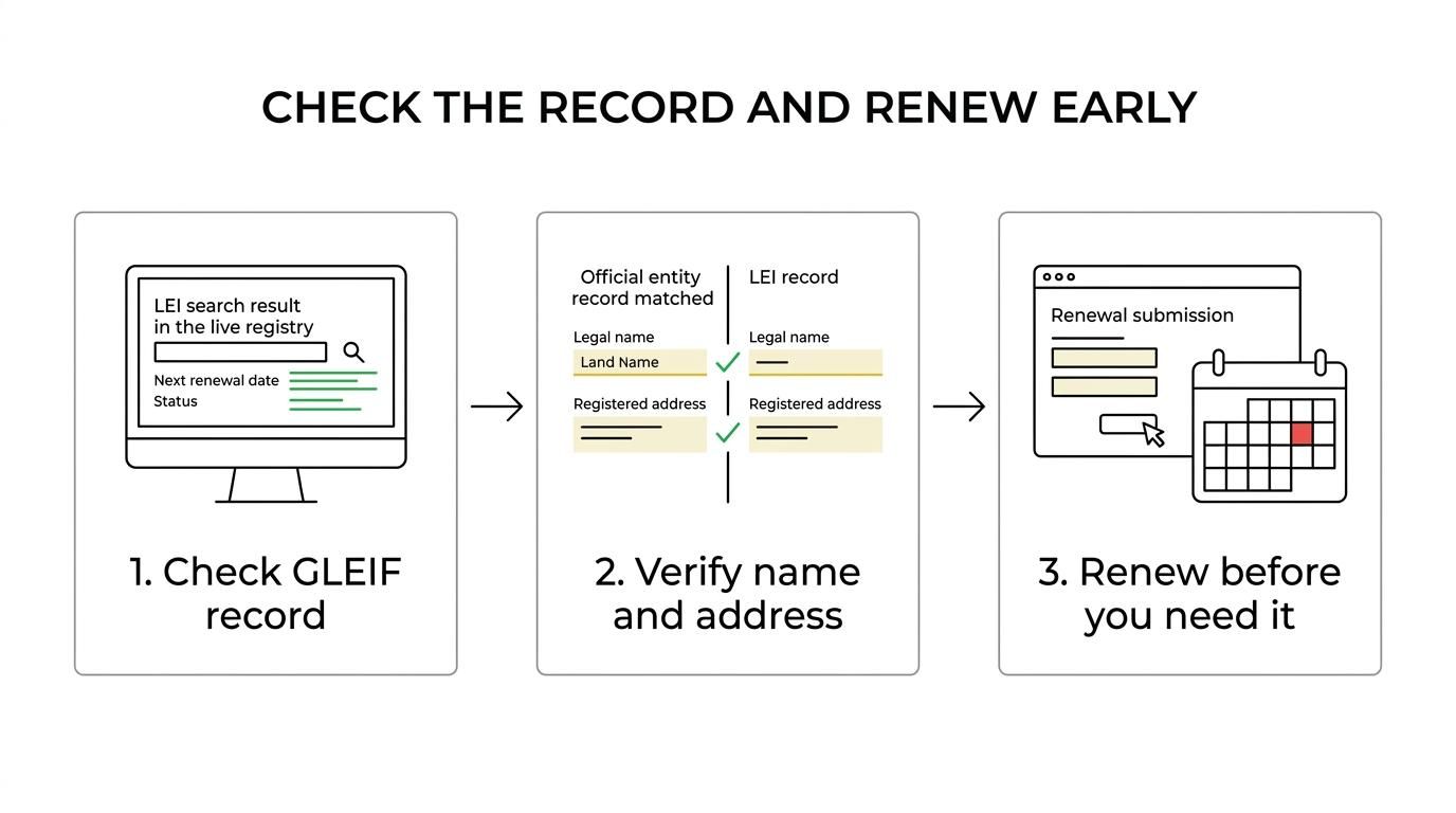 A step-by-step LEI renewal flow showing check the live LEI record, confirm entity name and address, choose renewal term or transfer, and submit before any trade or reporting deadline.