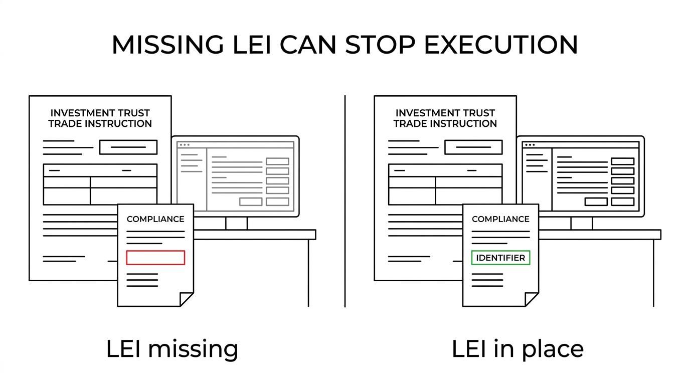 Side-by-side comparison of an investment trust transaction proceeding with an active LEI versus a broker putting the trade on hold when the LEI is missing.