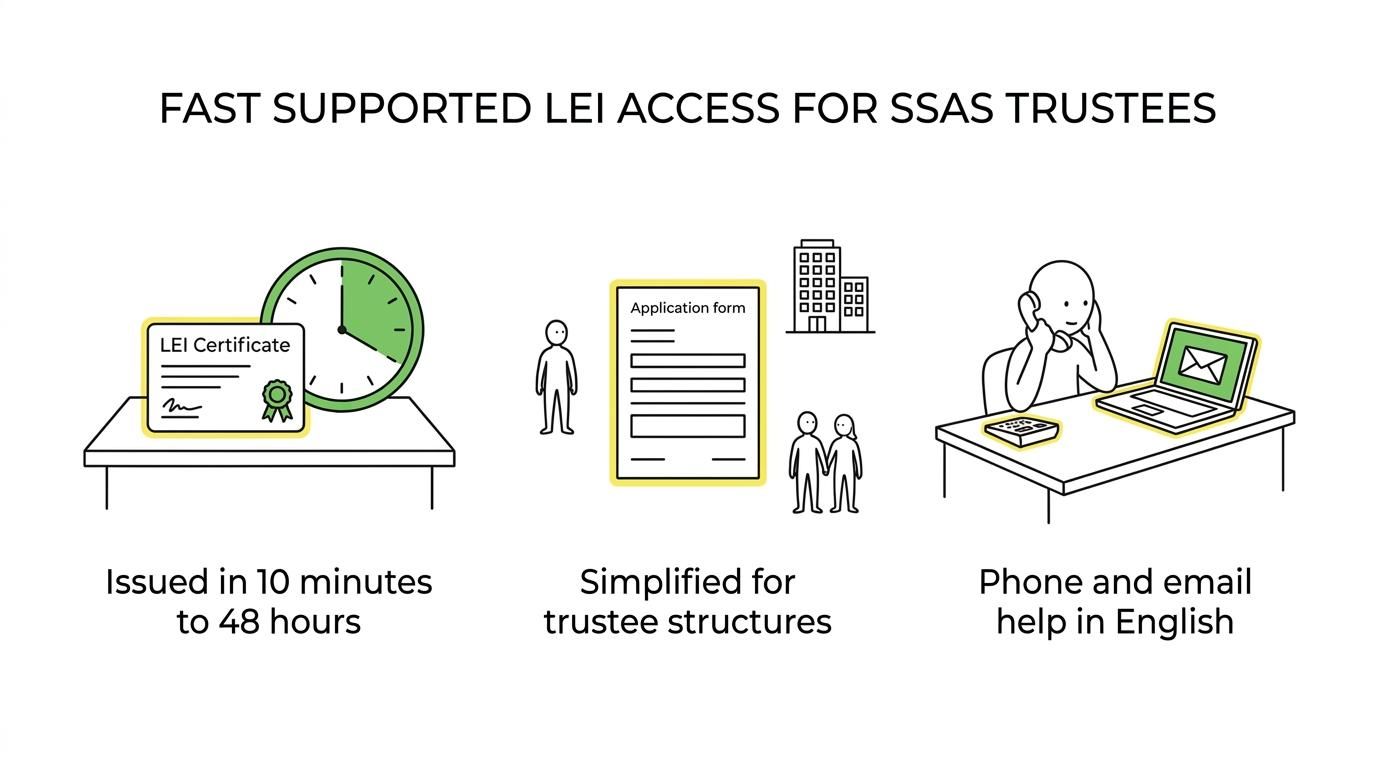 Visual summary of LEI Service for SSAS trustees, showing registration, renewal, transfer, fast issuance, trust-based application support, and English-speaking help.