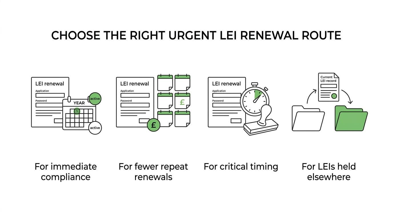 A grouped visual showing four LEI renewal options: 1-year renewal, 5-year renewal at a lower annual cost, express handling, and transfer plus renewal.