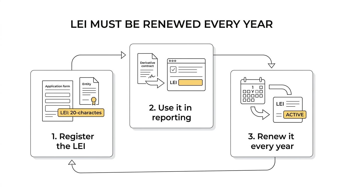A step-by-step LEI lifecycle for UK EMIR showing registration, derivative reporting, annual renewal, and active status.
