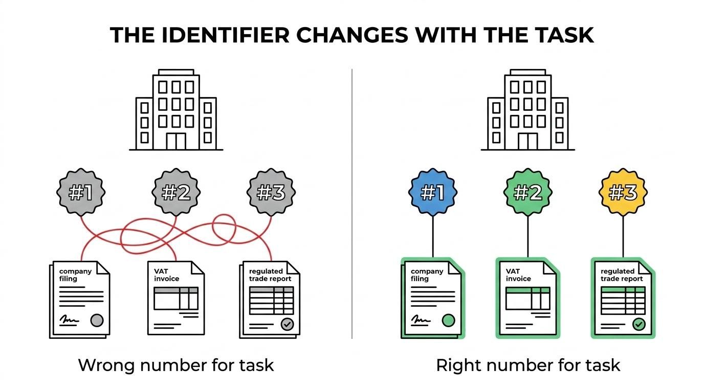 Side-by-side comparison of LEI, Company Registration Number, and VAT number showing issuer, format, who typically has each, and what each is used for.