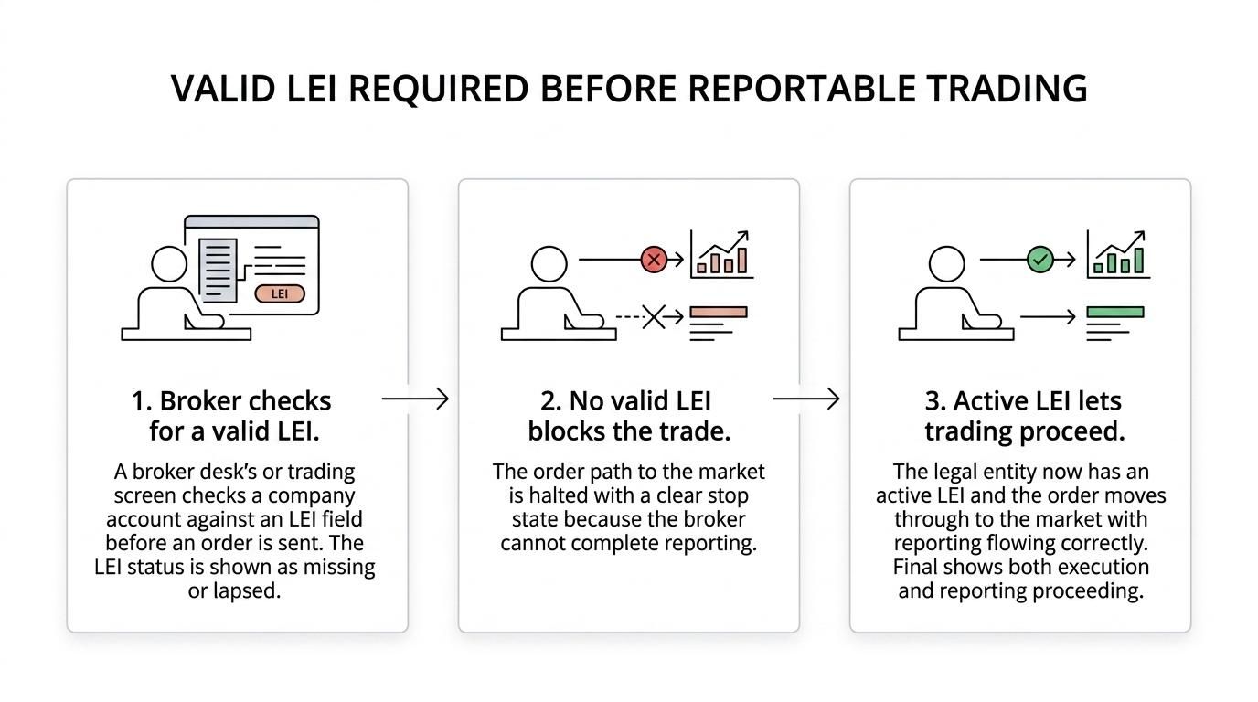 Flow showing a legal entity’s trade order passing through a broker LEI check to either execution and reporting or a blocked trade.