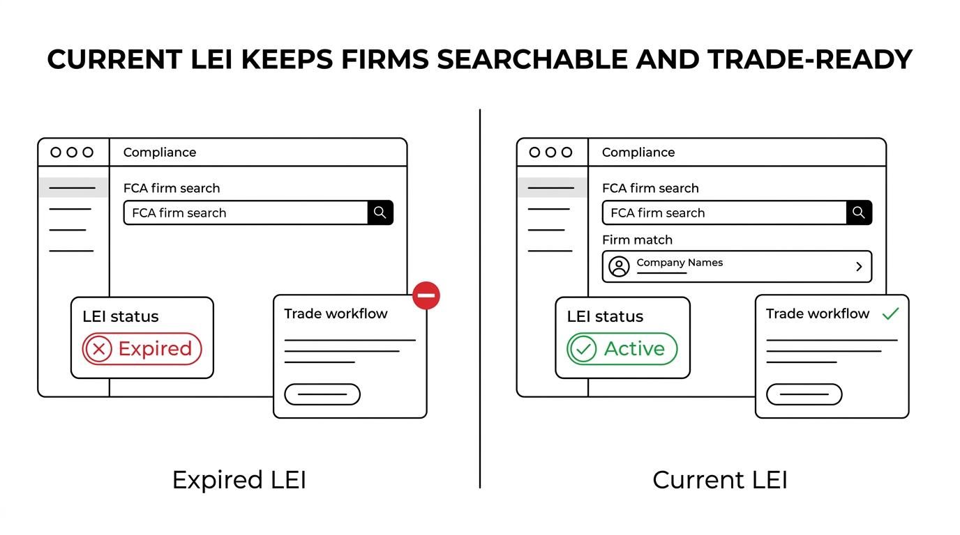 Side-by-side comparison of an FCA-regulated firm with a current LEI versus one with a missing or expired LEI, showing search visibility, reporting readiness, and transaction delays.