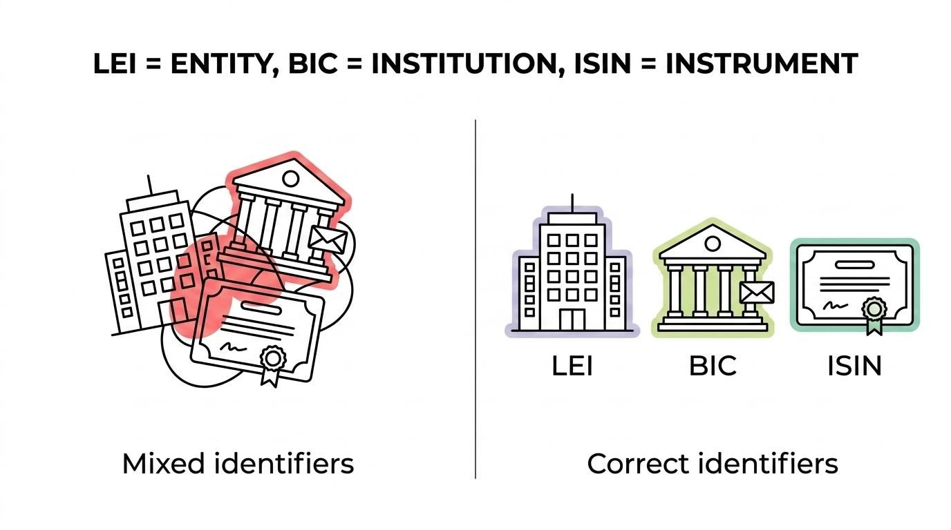 Side-by-side comparison of LEI, BIC and ISIN showing what each code identifies, its ISO standard, code length and typical use.