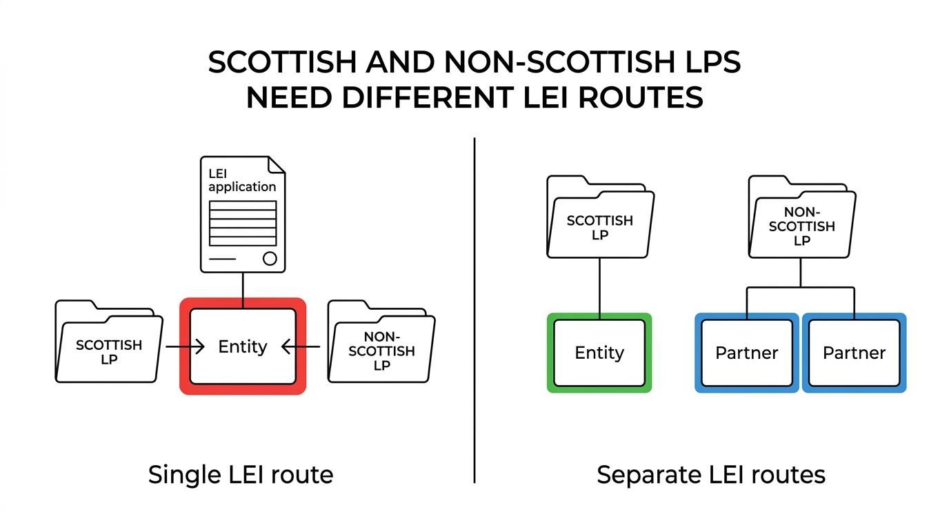 Side-by-side comparison of Scottish and non-Scottish UK limited partnerships showing legal personality, contracting position, and LEI application implications.
