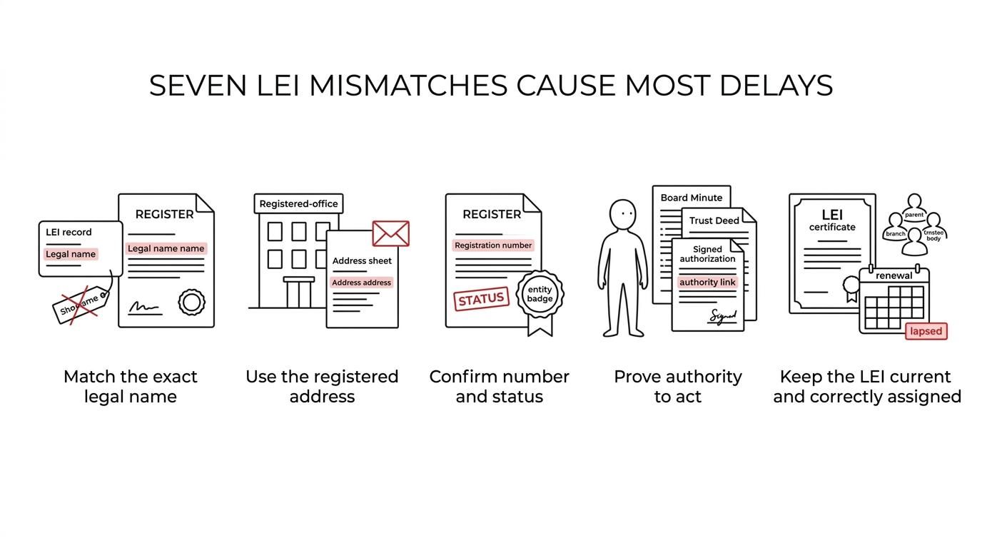Seven labeled mismatch categories for LEI onboarding delays: legal name, registered address, registration details, entity status, authority evidence, renewal data, and group-entity confusion.
