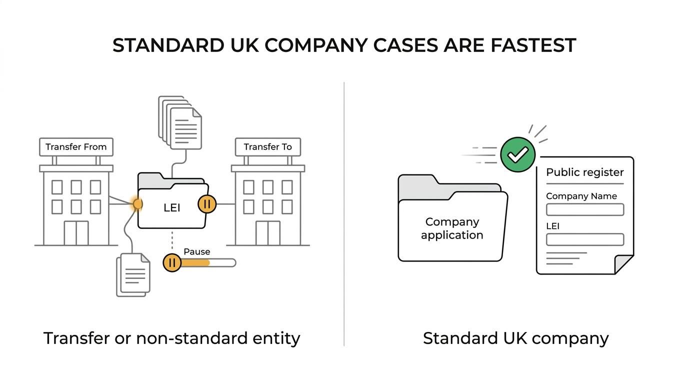 Side-by-side comparison of LEI application routes showing faster standard UK company cases versus slower renewals, transfers, and non-standard entities.