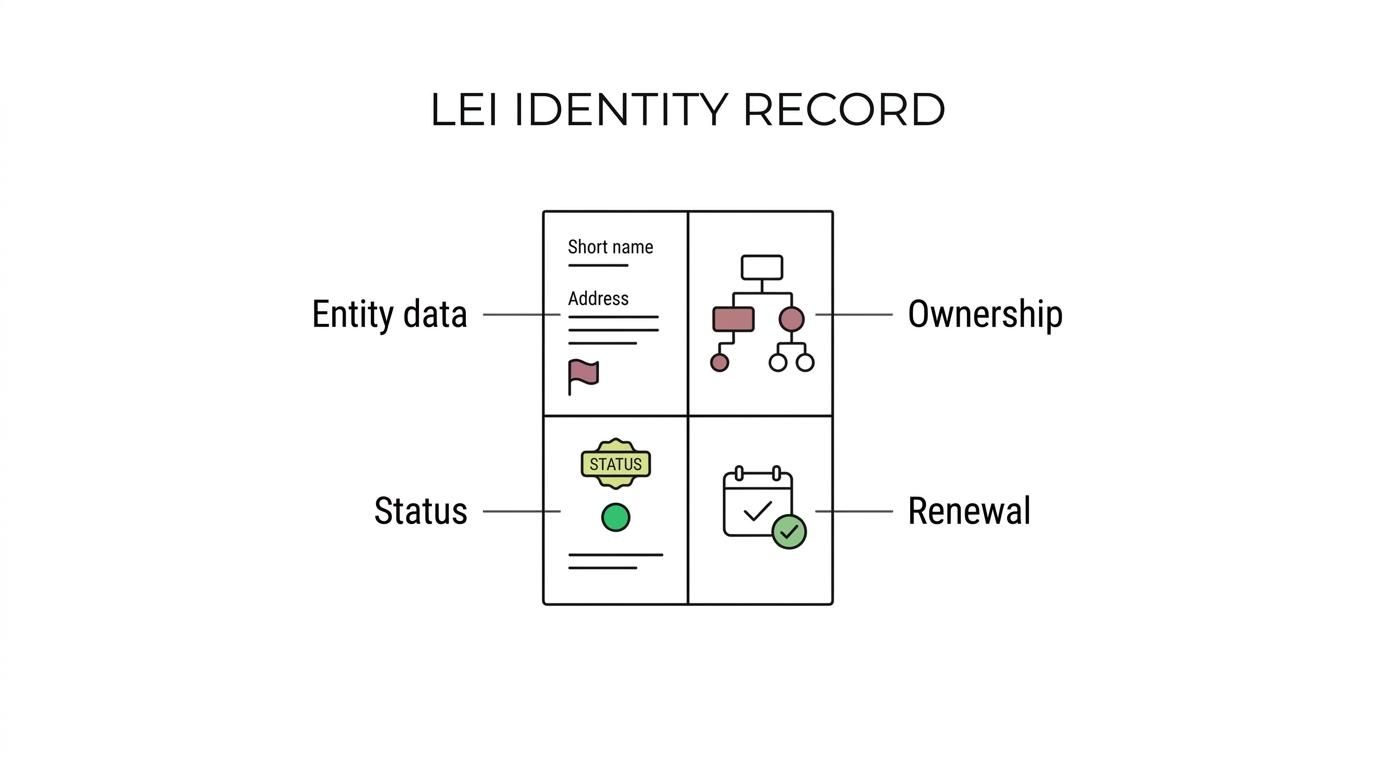 Diagram of an LEI record labeled with Level 1 identity data, Level 2 ownership data, status, and renewal history.