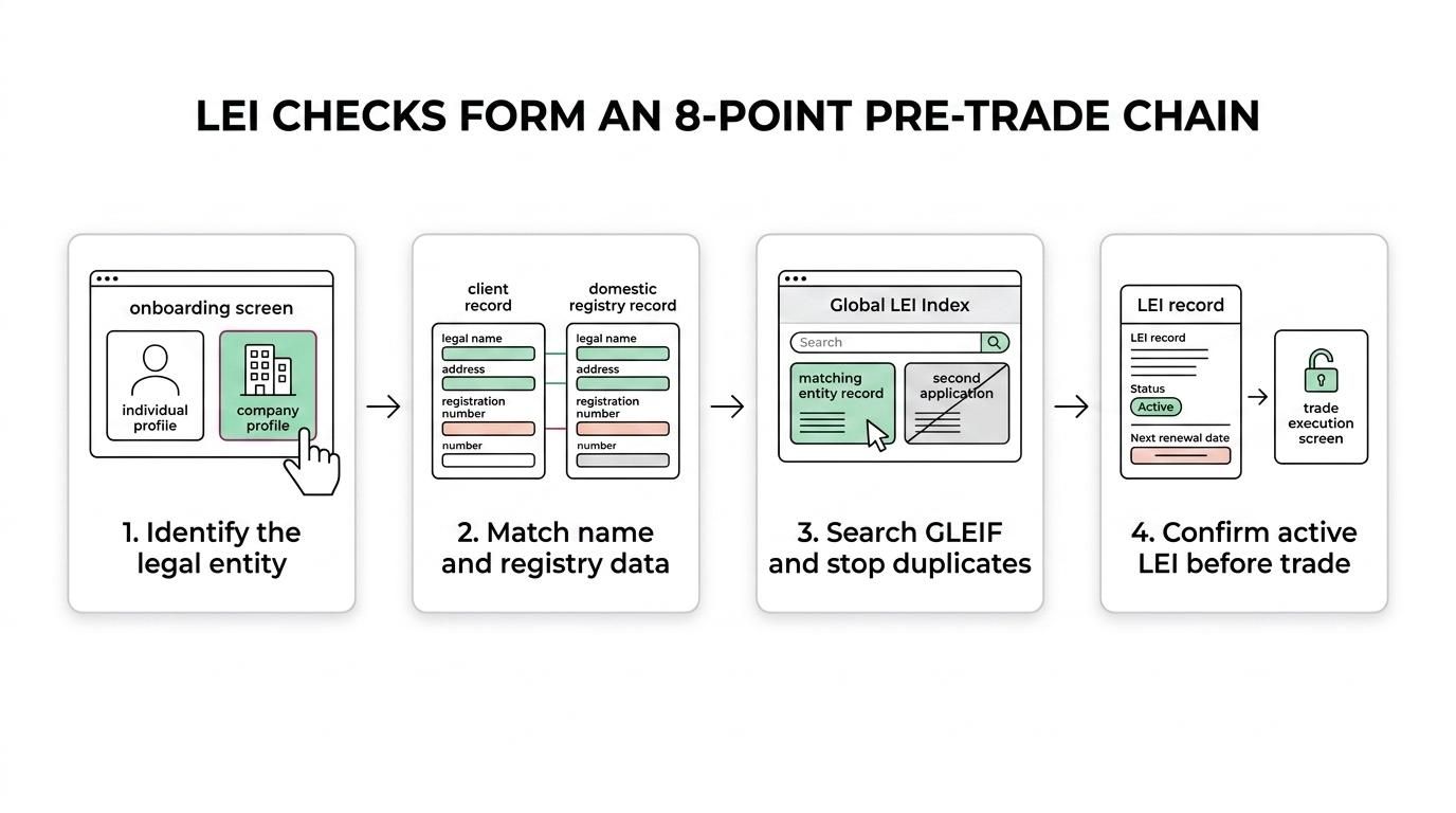 Flow diagram showing eight LEI onboarding checkpoints from eligibility screening to pre-trade LEI revalidation.