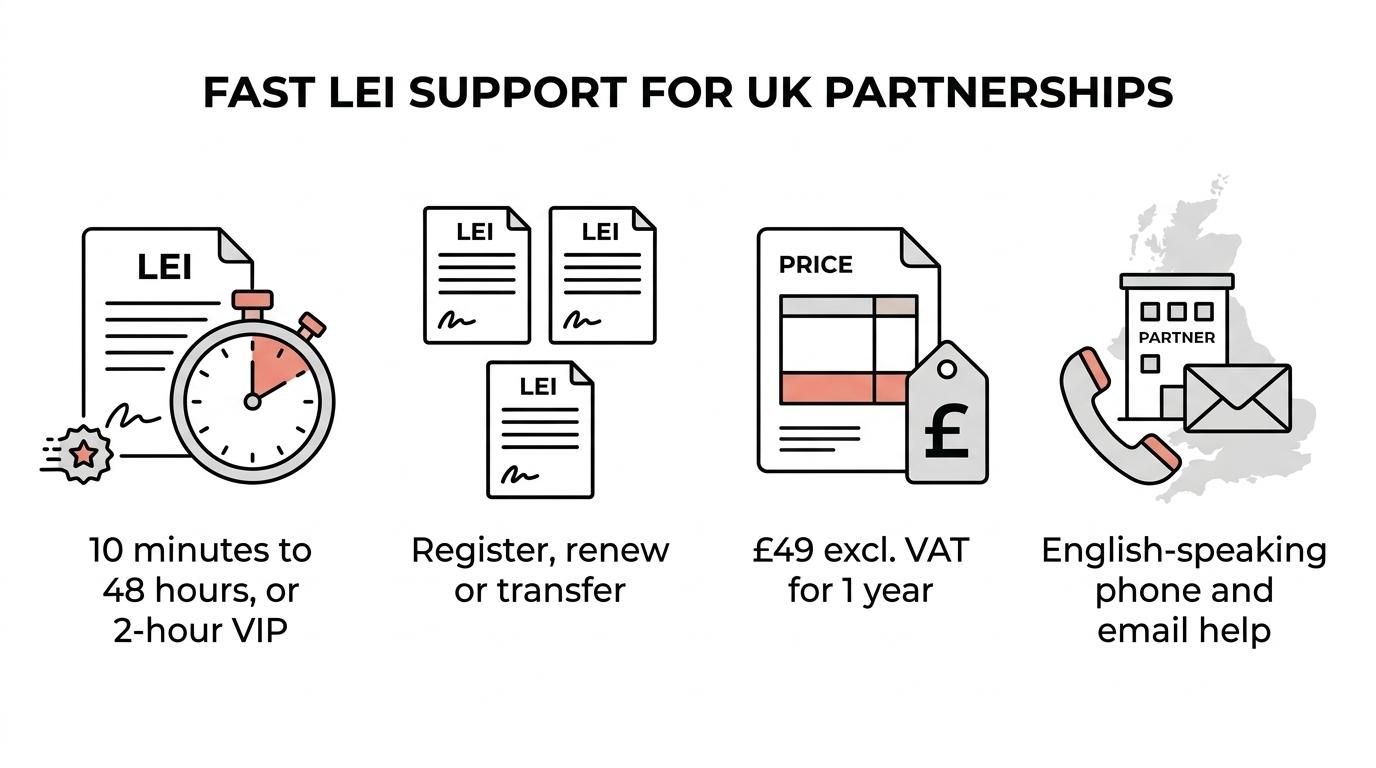 Graphic summarizing LEI Service benefits for UK general partnerships, including new or renewed LEIs, fast turnaround, £49 pricing, support, and free updates.