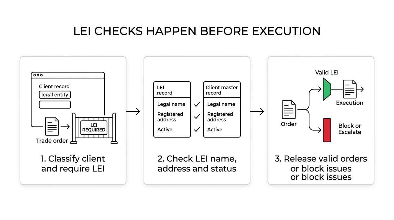 A step-by-step flow showing client classification, LEI data checks, and the decision to release, block, or escalate a trade.