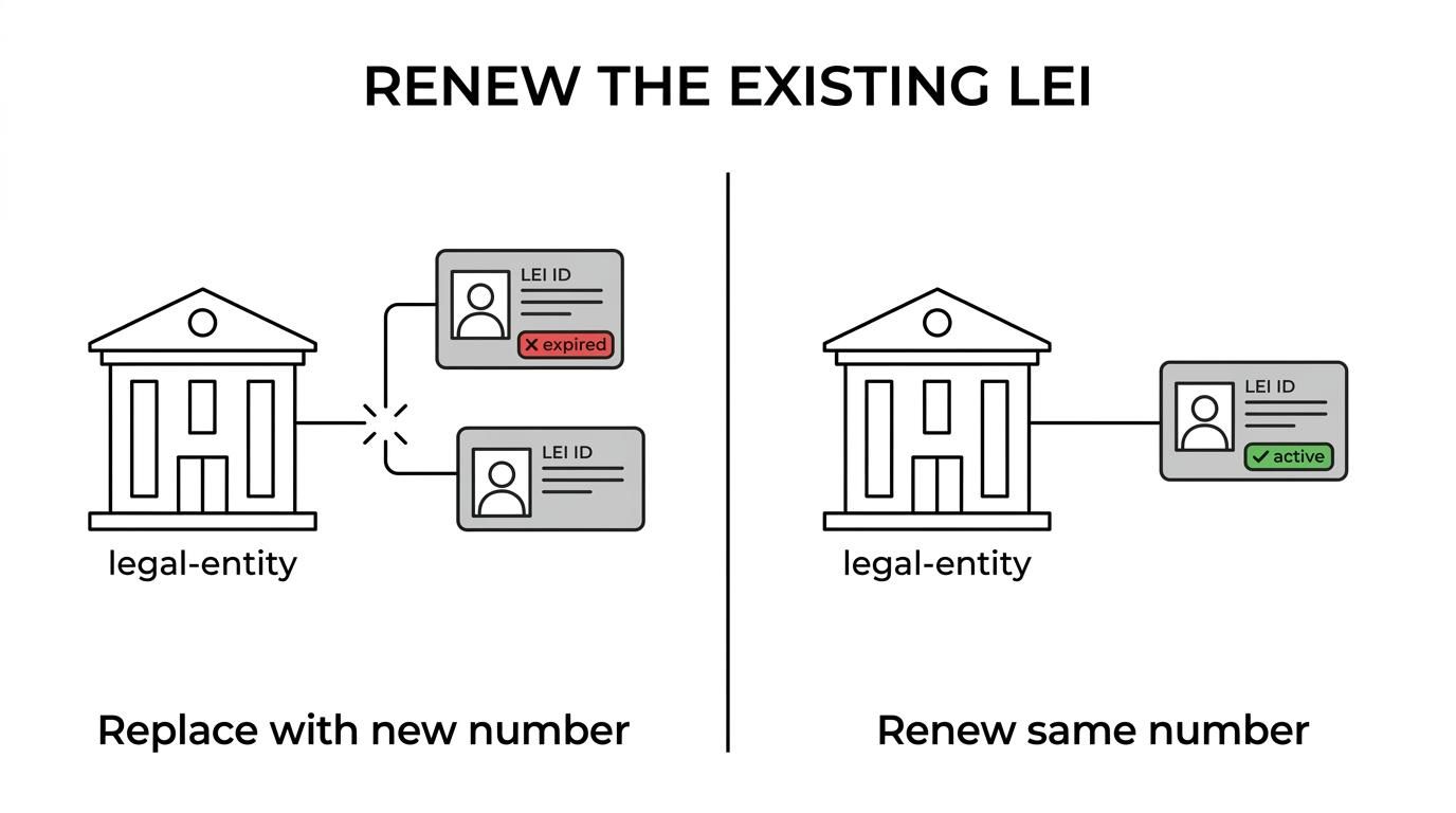 Side-by-side comparison of renewing an expired LEI under the same identifier versus applying for a brand new LEI.