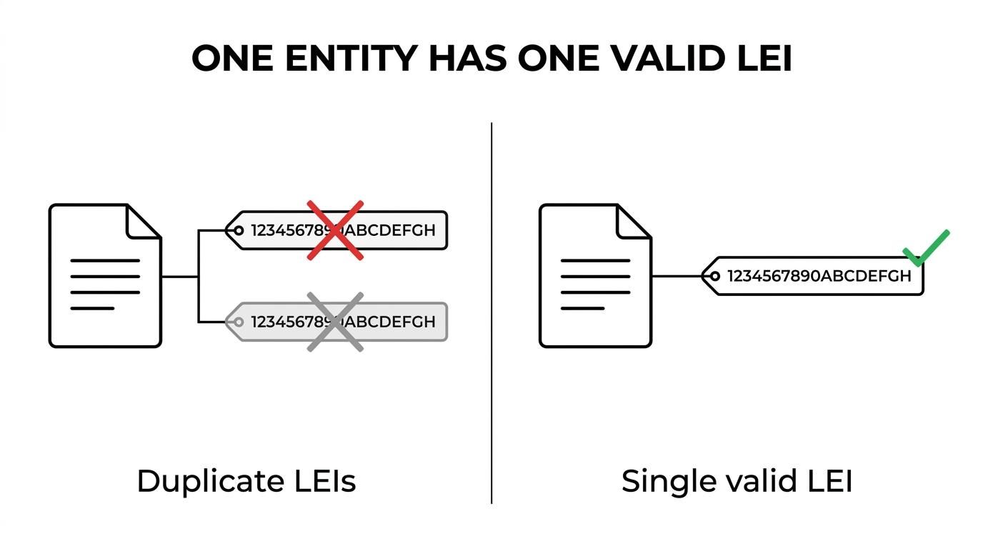 Side-by-side comparison showing one company with a single active LEI on one side and the same company with a second LEI marked duplicate and non-surviving on the other.