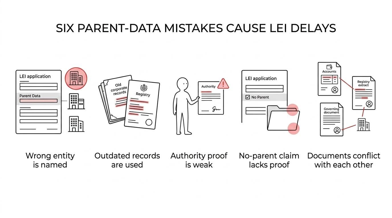 Six labeled panels showing common parent-data mistakes that delay LEI applications: wrong parent, branch confusion, stale records, weak authority evidence, unsupported no-parent claims, and inconsistent documents.