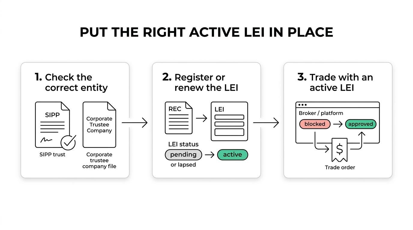Flow showing a SIPP trustee moving from an LEI request to confirming the correct entity, getting the LEI active, and proceeding with onboarding or trading.