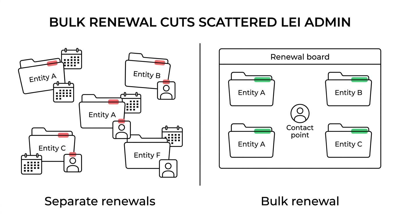 Side-by-side comparison of manual LEI renewal across multiple entities versus a managed bulk renewal service.