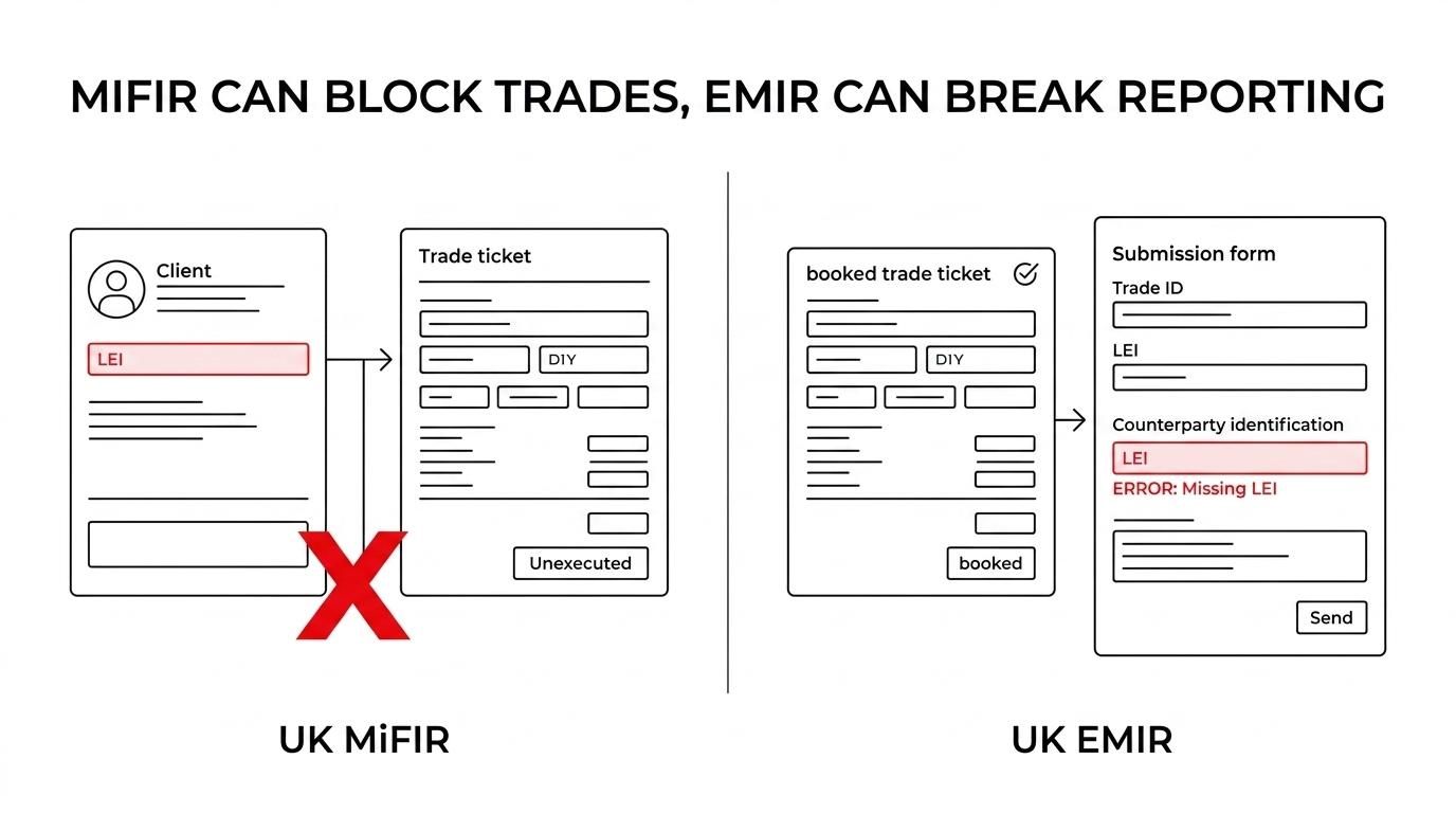 Side-by-side comparison showing a missing LEI causing an execution stop under UK MiFIR and a reporting failure under UK EMIR.