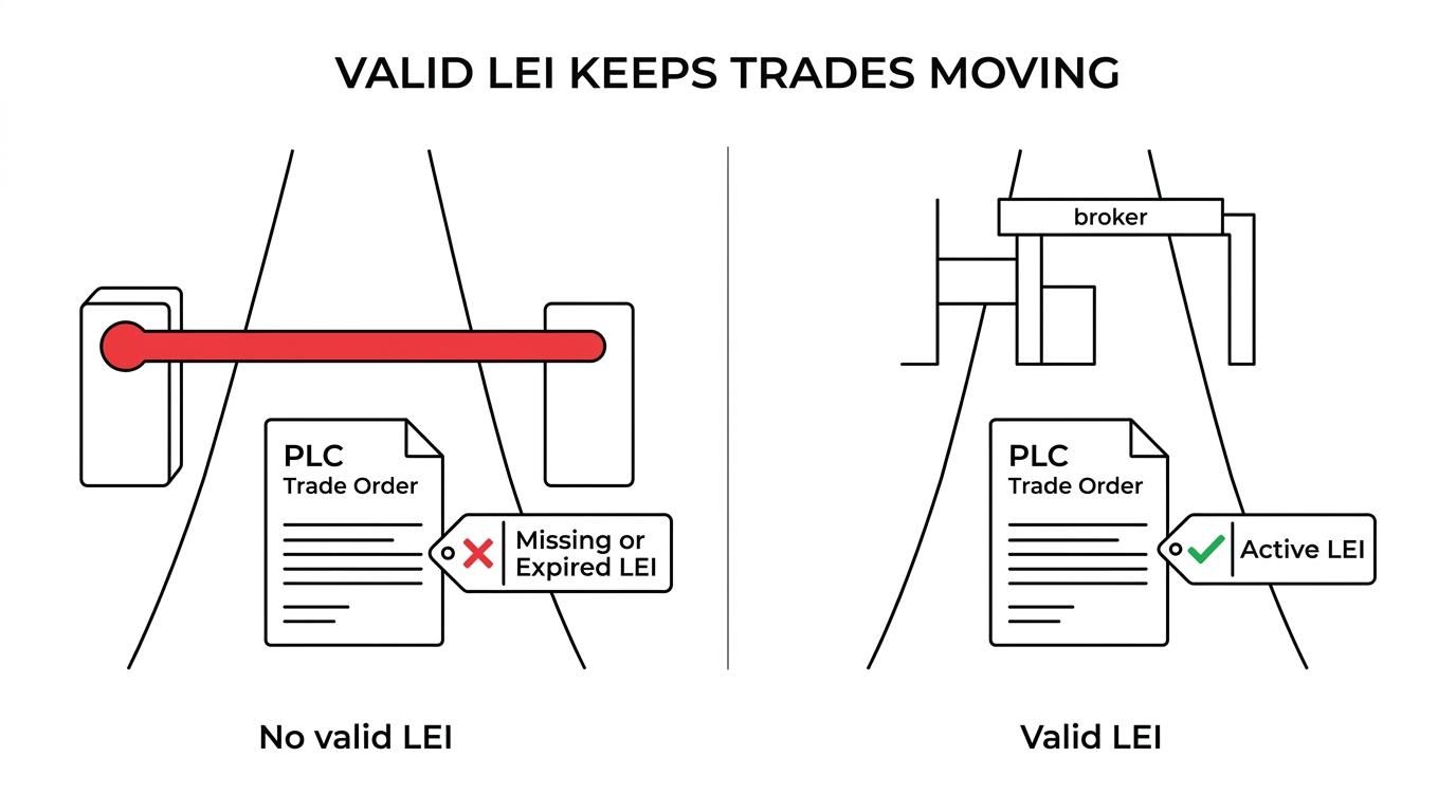 Side-by-side view of a UK PLC without an LEI facing a blocked trade and a UK PLC with a valid LEI moving through broker reporting.