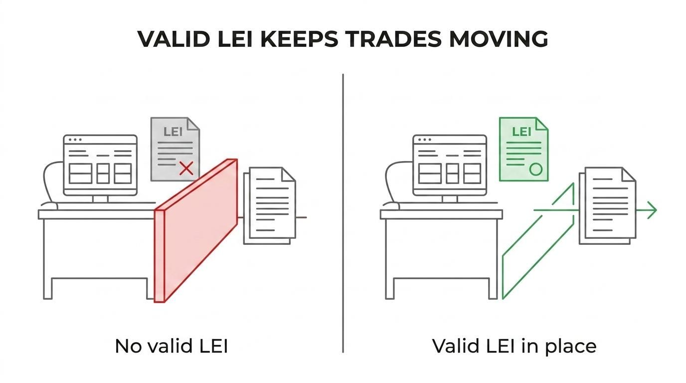 Side-by-side comparison of a trading operation delayed by a missing or expired LEI versus a compliant workflow with an active LEI in place.