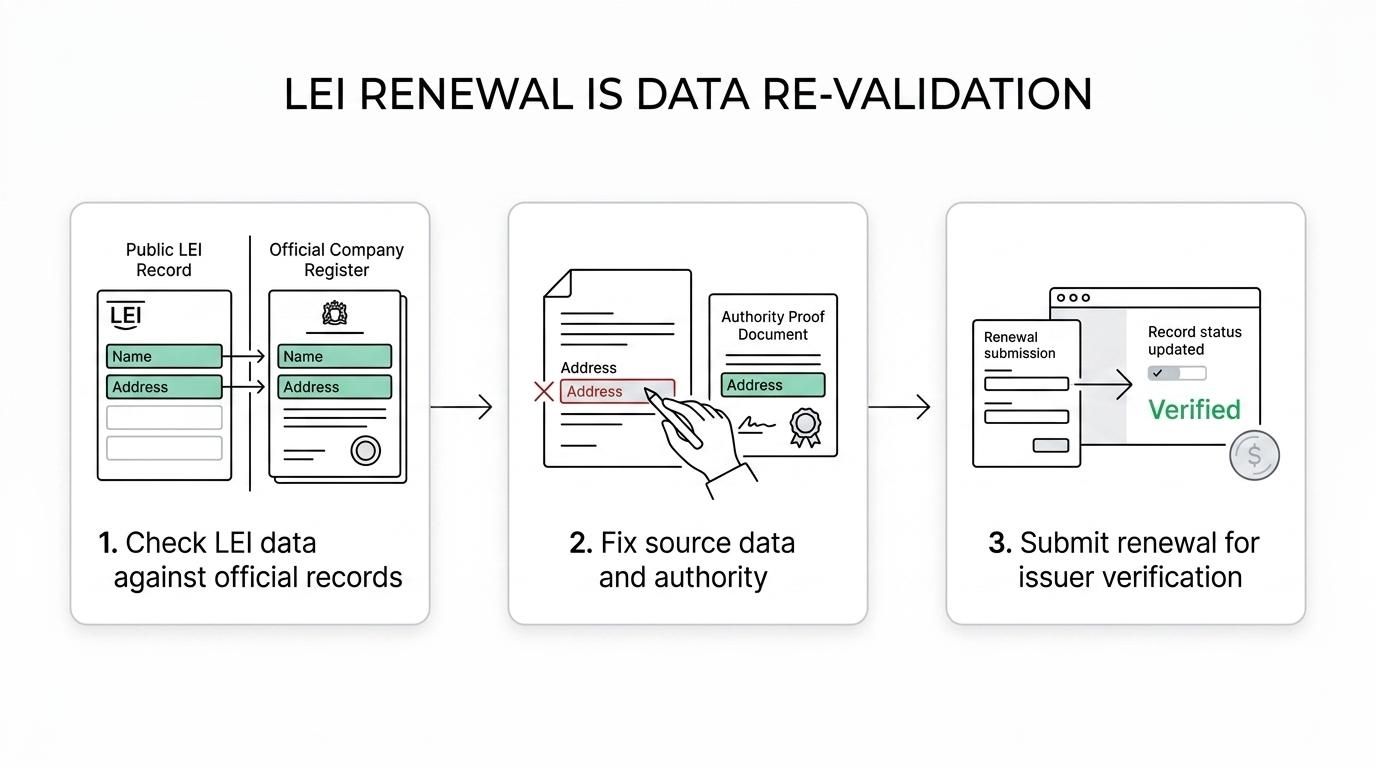 Flowchart showing LEI renewal steps from checking entity data and applicant authority to issuer verification, with delay points for mismatched records or missing documents.