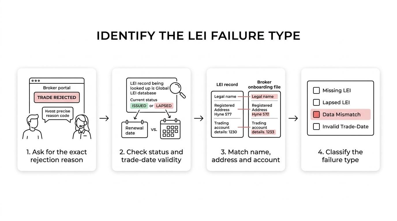 Flowchart showing a rejected corporate trade leading to checks for missing LEI, lapsed status, trade-date validity, data mismatch, and broker record sync, each with its matching remedy.