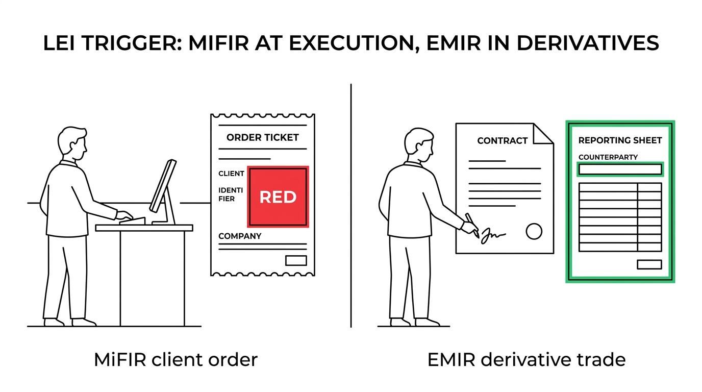 Side-by-side comparison of UK MiFIR and UK EMIR showing when an LEI is needed, who the LEI identifies, and the practical effect if it is missing.