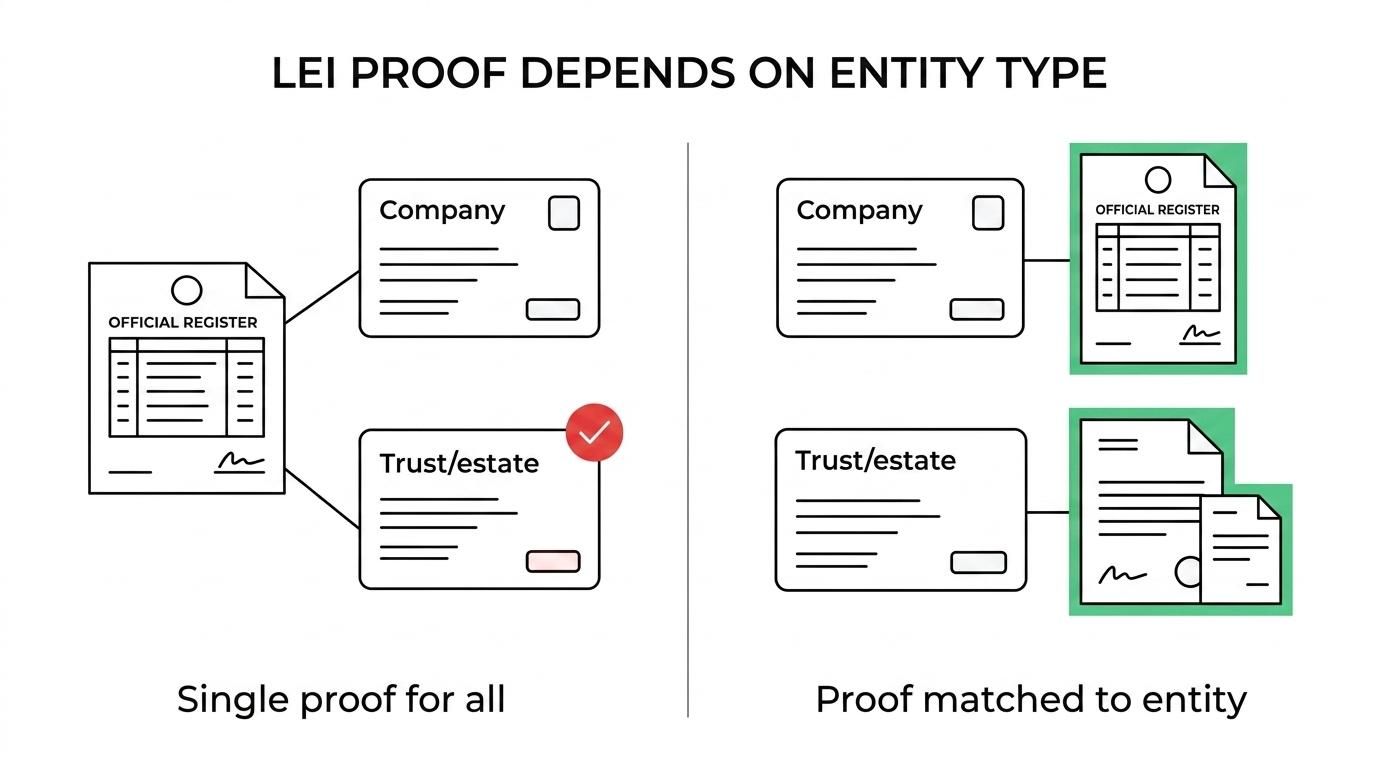 Side-by-side comparison of a UK company LEI application using Companies House data and a trust or estate application using a trust deed, probate, and authority documents.