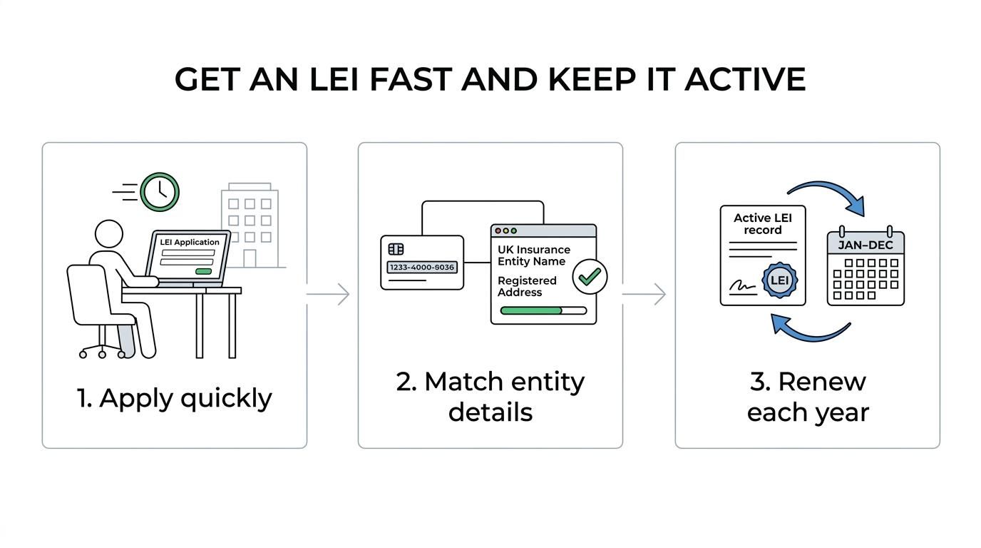 Flow diagram showing an insurance firm’s LEI journey from urgent application to issuance, regulated use, and annual renewal with record updates.