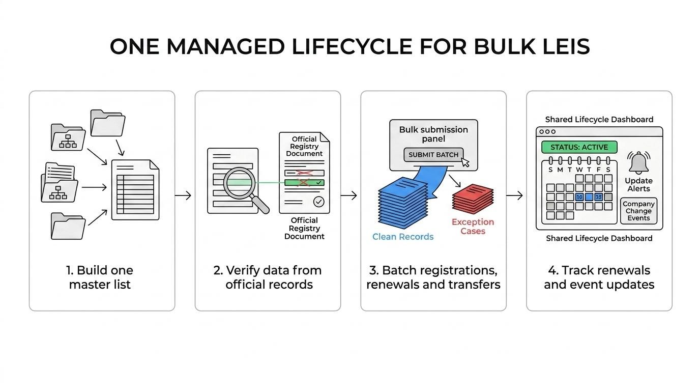 A six-step workflow for bulk LEI management: entity inventory, data collection, batch submission, exception handling, renewal management, and event-driven updates.