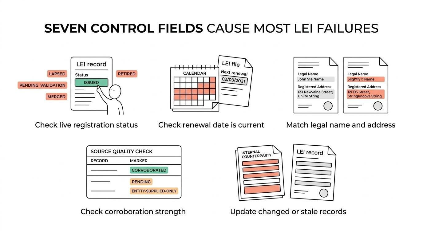 Seven common LEI validation failure points, including status, renewal date, legal name, address, corroboration, corporate events, and stale internal records.