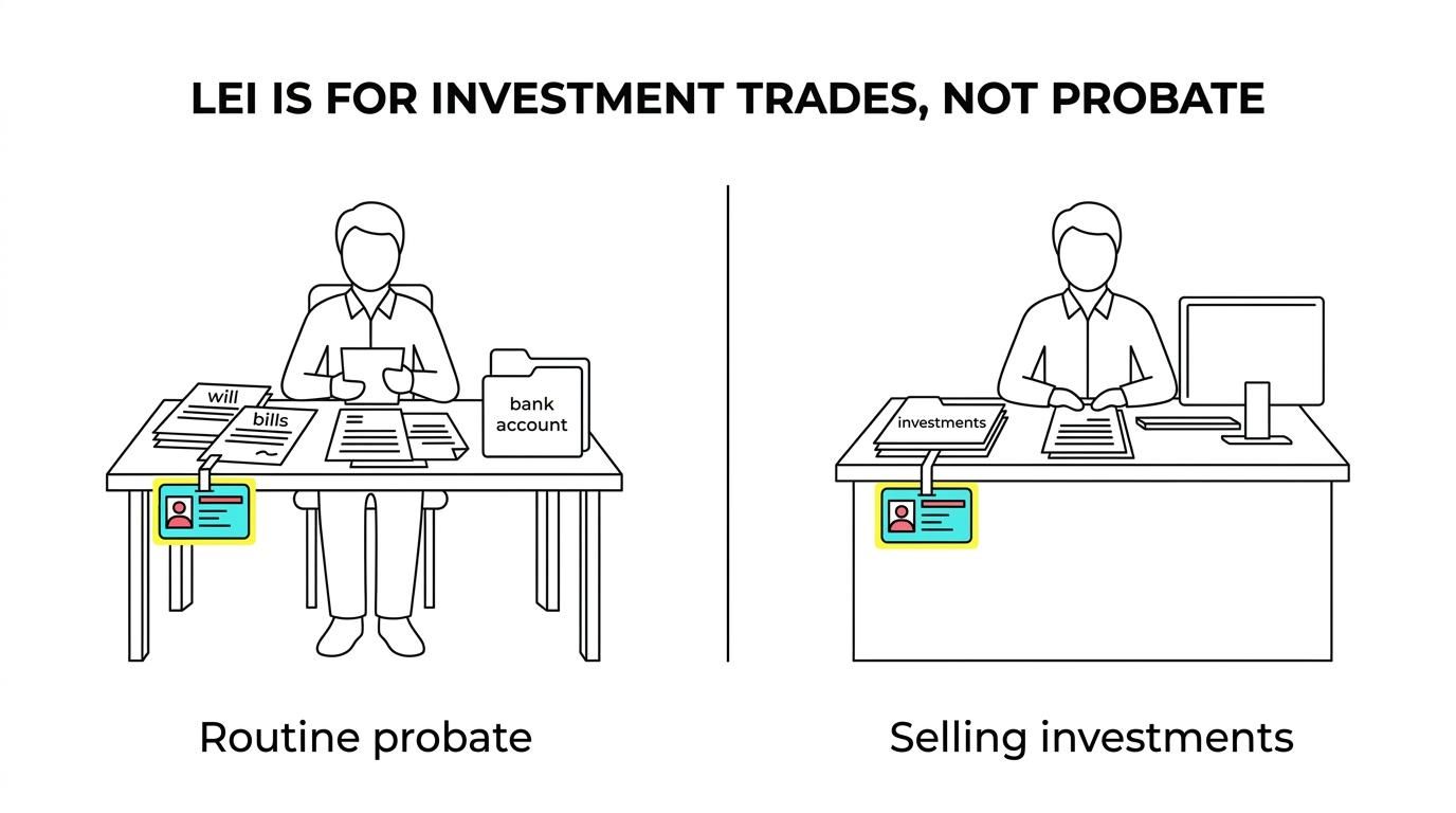 Side-by-side comparison of ordinary estate tasks that usually do not need an LEI and investment transactions that often do.