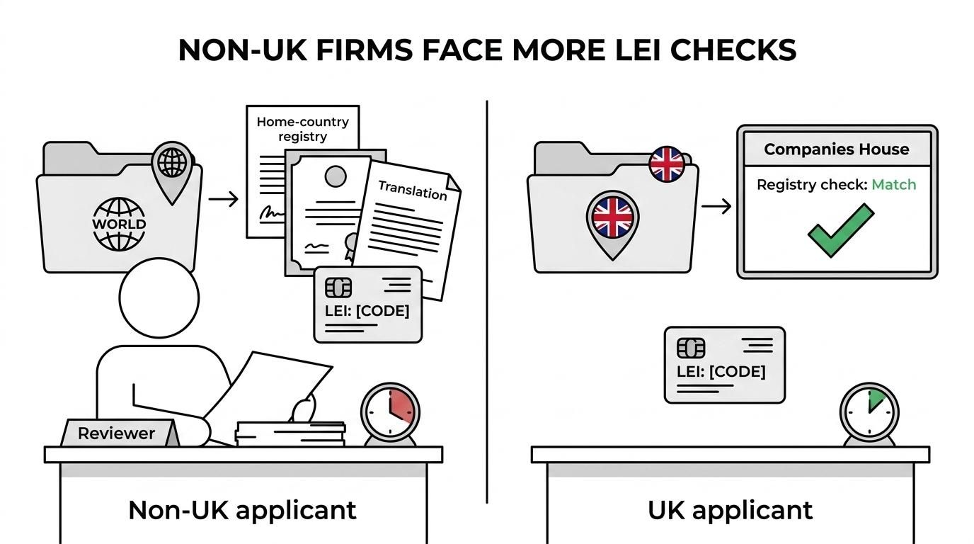 Side-by-side comparison of UK and non-UK LEI applications showing faster automated checks for UK entities and extra documents and manual review for overseas entities.