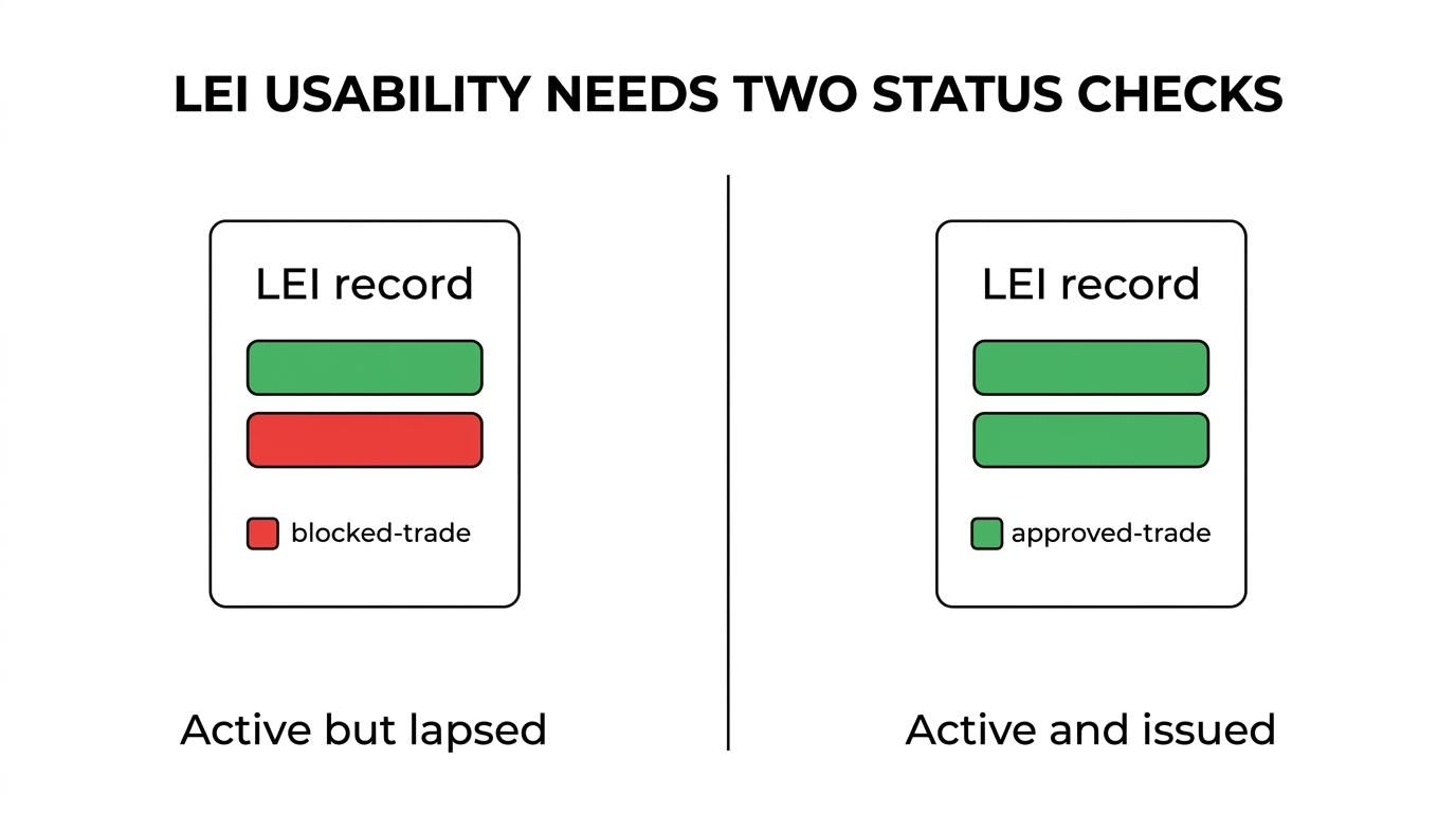 Side-by-side comparison of LEI entity status and LEI registration status, including ACTIVE or INACTIVE versus ISSUED, LAPSED, and other registration states.