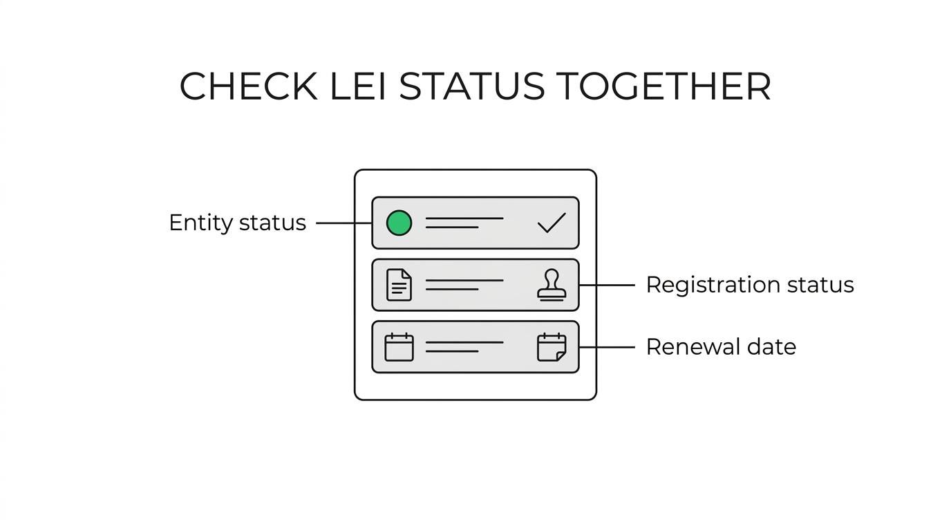 Diagram of an LEI record highlighting entity status, registration status, legal name, country, corroboration level, and next renewal date.