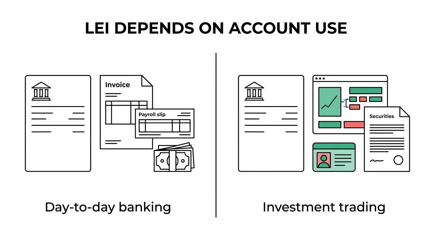 Side-by-side comparison of a standard business bank account and an investment-linked account, showing LEI usually not needed on one side and often required on the other.