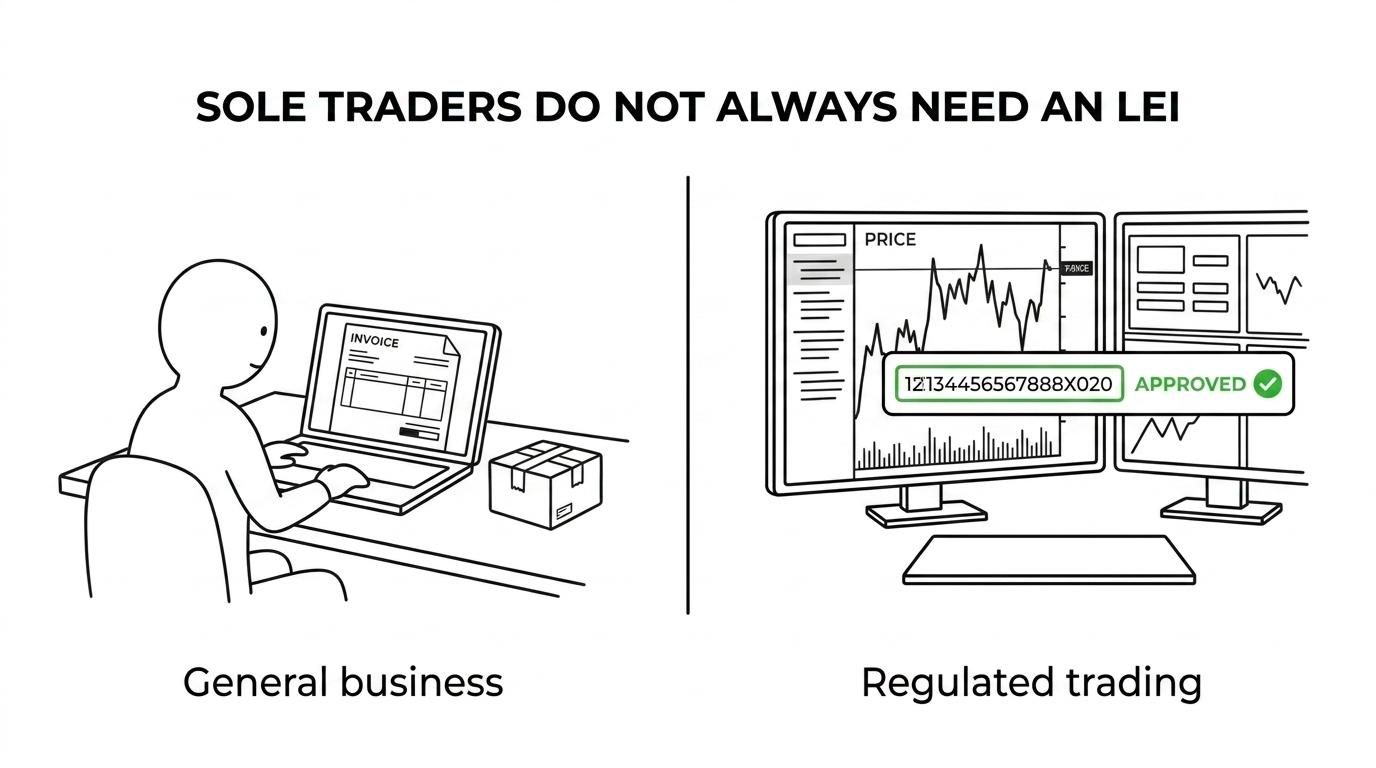 Side-by-side comparison showing a UK sole trader eligible to obtain an LEI on one side and only needing it in certain regulated financial or broker-required situations on the other.