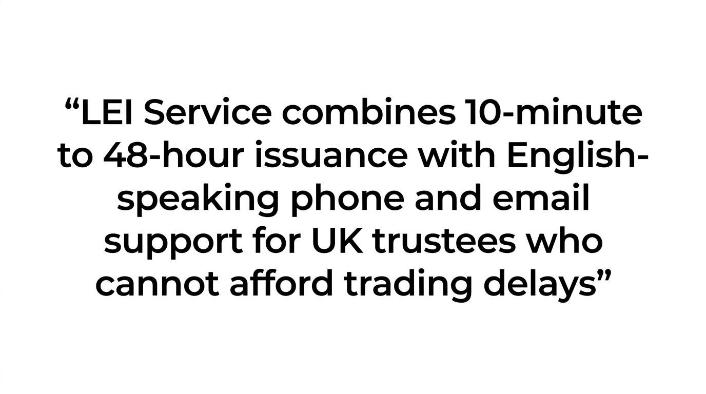 Quote highlight emphasizing 10-minute to 48-hour LEI issuance with 2-hour VIP delivery and English-speaking support.