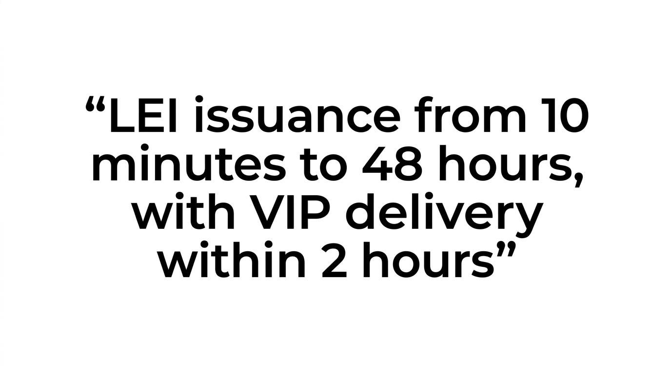A highlighted quote stating that LEI issuance takes 10 minutes to 48 hours, with VIP delivery in 2 hours before 5pm orders.