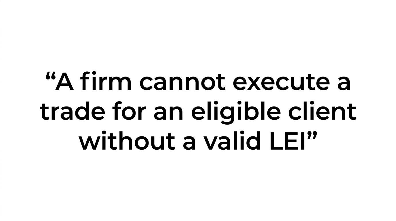 Highlighted quote stating that a firm cannot execute a trade for an eligible client without a valid LEI.