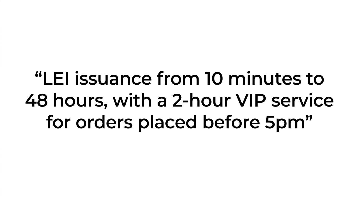 Large pull quote highlighting LEI issuance from 10 minutes to 48 hours and a 2-hour VIP option before 5pm.