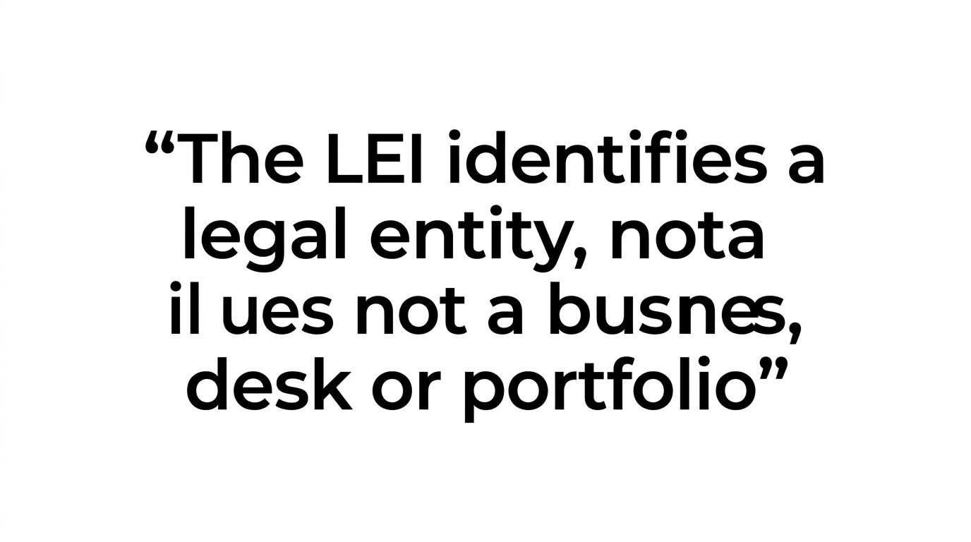 Highlighted quote stating that an LEI identifies a legal entity, not a business line, desk, or portfolio.